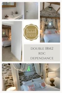 a collage of photos of a bedroom with a bed and a bathroom at LA MEFFRAIS 1741 in Dinan