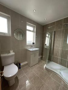 a bathroom with a toilet and a shower and a sink at Entire 4-bed, near town centre in Falmouth
