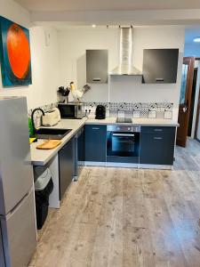 een keuken met een blauw-wit aanrecht en apparatuur bij No 25 superbe apartment plein centre calme ,Netflix in Mirepoix
