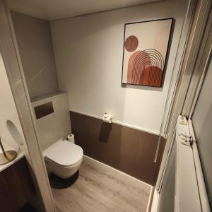 a bathroom with a toilet and a picture on the wall at Bed & outdoor wellness - natuurhuisje Oisterwijk in Oisterwijk