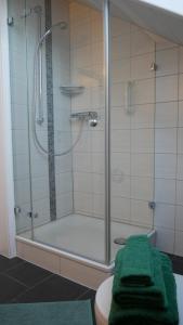 a shower with a glass door in a bathroom at Ferienwohnung Hüttennest in Villingen-Schwenningen