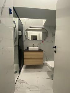 a bathroom with a sink and a mirror at Nokturno Accomodation in Zagreb +28 photos