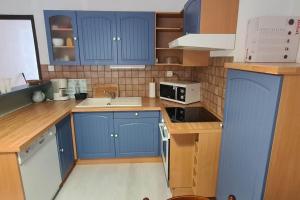 a small kitchen with blue cabinets and a sink at Appartement 4/6 places pied des pistes in Saint-Lary-Soulan