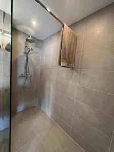 bagno con doccia e porta in vetro di Modernes & stillvolles Apartment a Vienna