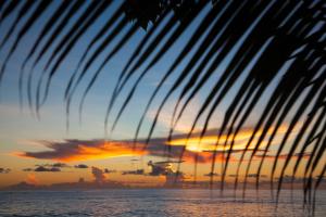een uitzicht op de zonsondergang vanaf de oceaan bij Castello Beach Hotel in Grand'Anse Praslin
