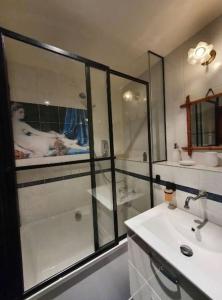 a bathroom with a tub and a sink and a shower at Duplex, piano, billard, ping-pong, jardin, jacuzzi en été in Geneva