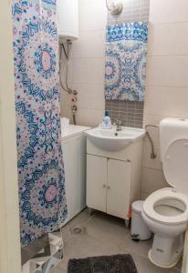 a bathroom with a toilet and a sink and a shower curtain at Olympia's apartment in Skopje