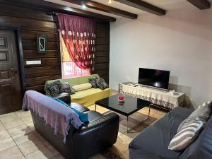 uma sala de estar com dois sofás e uma televisão em Villa Nikitas em Konia