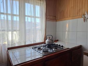a kitchen with a stove with a tea kettle on it at Hostal y Viajes Balmaceda 