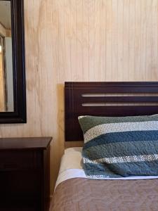 a bedroom with a bed with a mirror and a table at Hostal y Viajes Balmaceda 