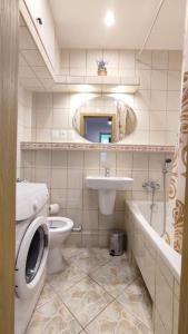 ドゥシュニキ・ズドルイにあるApartament Górski Widokのバスルーム(トイレ、洗面台、バスタブ付)