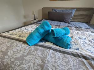 un par de almohadas azules en una cama en Ferienwohnung Selma, en Wilhelmshaven