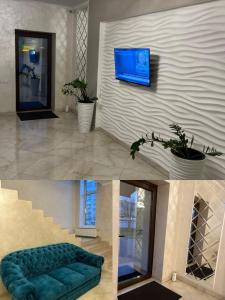 a collage of pictures of a living room with a blue couch at Holiday house in Vinnytsya