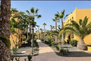 a courtyard with palm trees and a yellow building at Casa Damar in Corralejo
