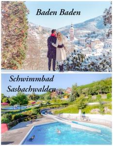 un collage de deux photos d'un couple debout à côté d'une piscine dans l'établissement Gaishöll-Wasserfälle Apartment Schwarzwald, à Sasbachwalden