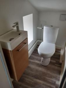 ein Badezimmer mit einem weißen WC und einem Waschbecken in der Unterkunft Petite maison proche plage 2/4 p in La Bernerie-en-Retz
