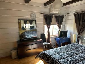 Villa Nikitas في Konia: غرفة نوم بسرير وخزانة ومرآة