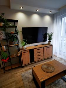 a living room with a large entertainment center with a flat screen tv at Fajne Miejsce in Świnoujście