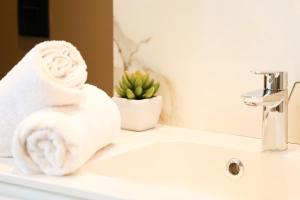 un asciugamano seduto sopra un lavandino del bagno di Mr.Bernard Vakantie Appartementen a De Panne