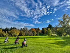 3 personas montadas en scooters en un campo verde en Tannenduft Freudenstadt, en Freudenstadt