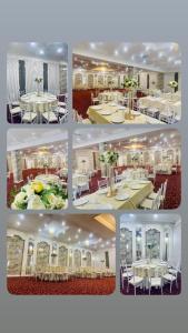 een collage van foto's van een restaurant met tafels en stoelen bij Hostel Orhideea in Buzau