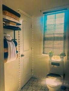 a bathroom with a toilet and a window at Beautiful Queen Luxury Suite Near Downtown Norfolk in Norfolk