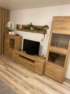 uma sala de estar com um centro de entretenimento em madeira com uma televisão em Apartments Victoria em Panevėžys