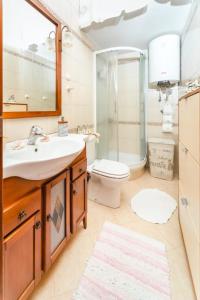 a bathroom with a sink and a shower and a toilet at Harmony Budva Apartment in Budva