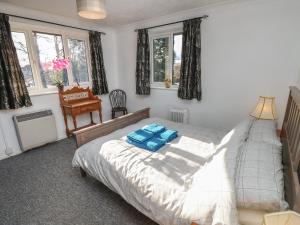 a bedroom with a bed and a desk and windows at Flat 2, Clifton Gardens in Southampton