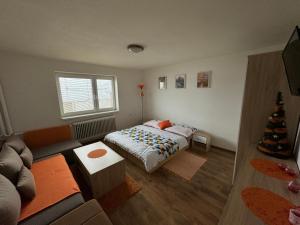 a bedroom with a bed and a christmas tree in it at Čučo Privat in Tatranska Strba