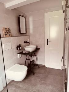 a bathroom with a toilet and a sink at HEIMATliebe Ferienhaus für 4 in Blankenhain +7 photos