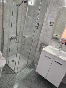 a bathroom with a shower and a sink at Logis Hôtel Restaurant L'Unique in Ménesqueville