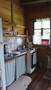 uma cozinha com um fogão e um lavatório em Chalé Cafofo em Campo Alegre