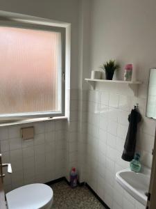 La salle de bains est pourvue de toilettes, d'un lavabo et d'une fenêtre. dans l'établissement Eventus-House, à Horb am Neckar