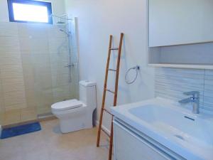 ein Bad mit einem WC, einer Dusche und einem Waschbecken in der Unterkunft Spacious 3-Bedroom Apartment near Pereybere Beach in Pereybere
