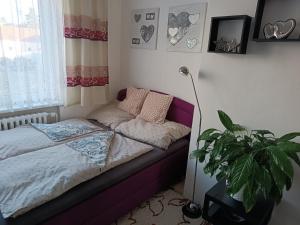 a bedroom with a bed and a potted plant at Apartmán Kolářová in Klatovy