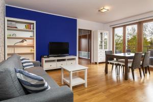 Il comprend un salon doté d'un canapé et d'une table avec une télévision. dans l'établissement Apartamenty Rozewie, à Jastrzębia Góra