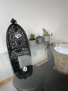 une chaise noire assise dans une pièce ornée de plantes dans l'établissement Las Marinas, à Balneario Buenos Aires