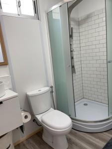 a bathroom with a toilet and a shower at Las Marinas in Balneario Buenos Aires
