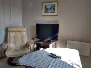 a living room with a tv and a chair at Frivoll, 35 minutes walk to town. in Arendal