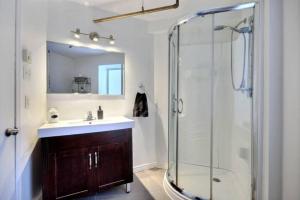 uma casa de banho com um lavatório e um chuveiro em Deluxe Estate // Two in One Downtown Québec City em Cidade de Quebec
