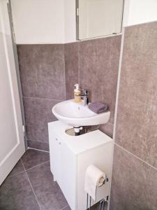 een badkamer met een wastafel en een spiegel bij Nordseeluft Apartment in Bremerhaven