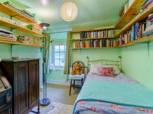 a bedroom with green walls and a bed with bookshelves at 4 Bed in Llangynidr BN305 in Llangynidr
