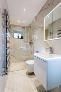 ein Bad mit einem WC, einem Waschbecken und einer Dusche in der Unterkunft Veeve - The Gallery of Colour in London