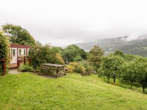 a picnic table sitting in the grass next to a house at Waterfall Cottage in Aberfeldy