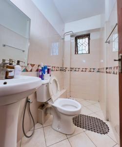 y baño con aseo, lavabo y ducha. en beautifully furnished one bedroom apartment in vok off nyali road, en Mombasa