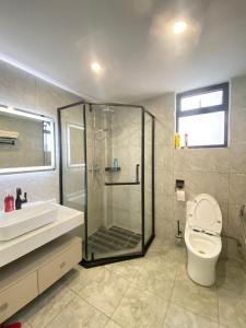 a bathroom with a shower and a toilet and a sink at Sylver Harbour 2 Bedroom Apartment in Nairobi