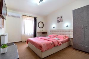 a bedroom with a pink bed and a bathroom at Pensiunea Diadis in Cluj-Napoca