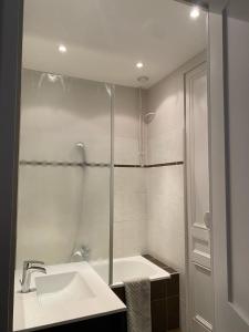 ein weißes Bad mit einem Waschbecken und einer Dusche in der Unterkunft Belges in Lyon