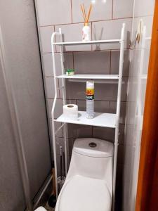 a small bathroom with a white toilet and shelves at Cabaña León in Puerto Natales +15 photos